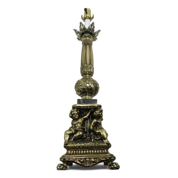 Cherub BRASS Table LAMP With Marble Accents 34" Tall Vintage Gold and Black - Picture 1 of 13